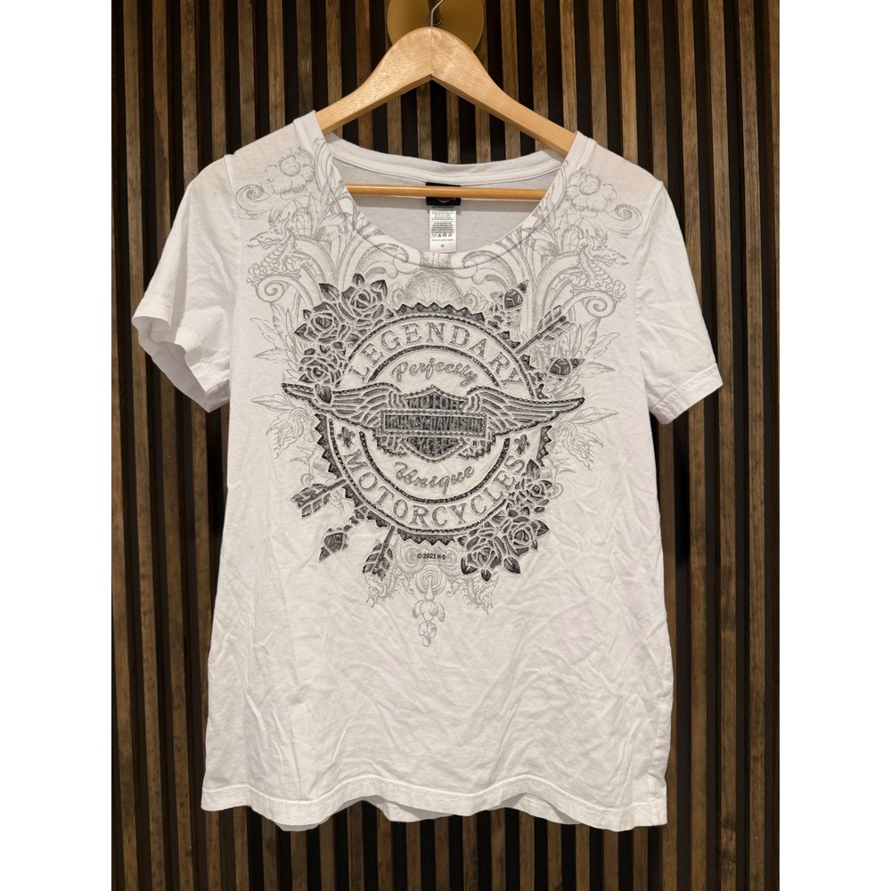 Harley Davidson Palm Beach Motorcycle Graphic Tee Top White Women